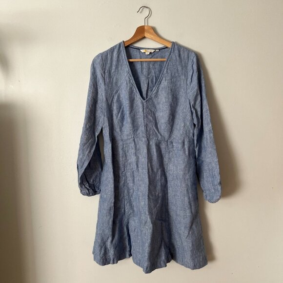 Boden Flippy Blue Linen Long Sleeve V-Neck Dress Women's Size 10 - Picture 1 of 10